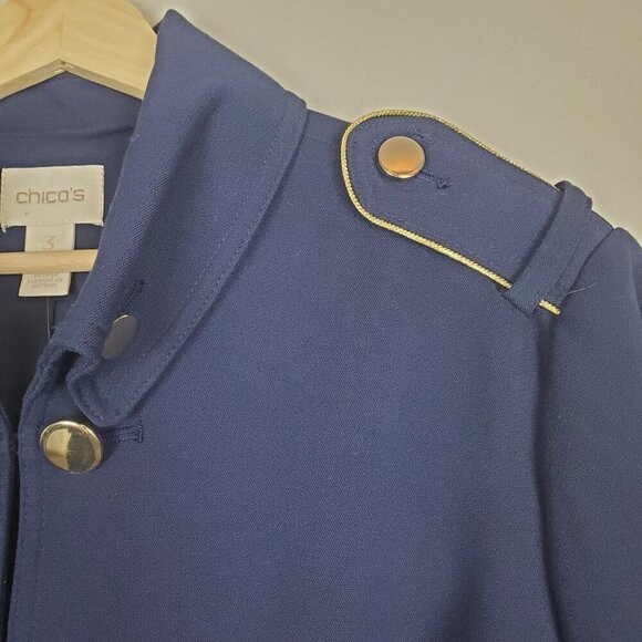 Chico's Military Jacket Size 3P US 16 Petite Navy Blue Gold Piping Hook & Eye‎ - Picture 12 of 12
